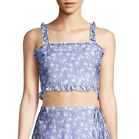 Kisuii Romy Smocked Ruffle Blue Floral Print Crop Top NWT Size Small - Picture 1 of 14